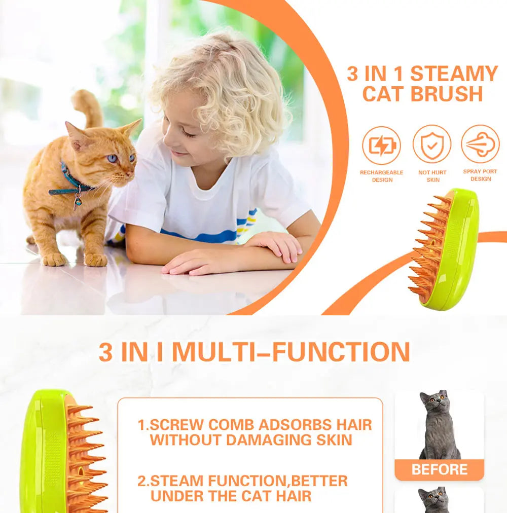 Cat Steam Brush Steam Brush for Massage & Pet Grooming 3 in 1 Electric Sprays, Massages, and Combs