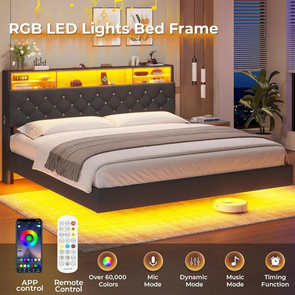 Bed Frame with Charging Station & Hidden Storage Headboard & LED Lights, Crystal Button Tufted Upholstered Bed Frame