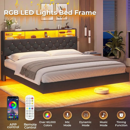 Bed Frame with Charging Station & Hidden Storage Headboard & LED Lights, Crystal Button Tufted Upholstered Bed Frame