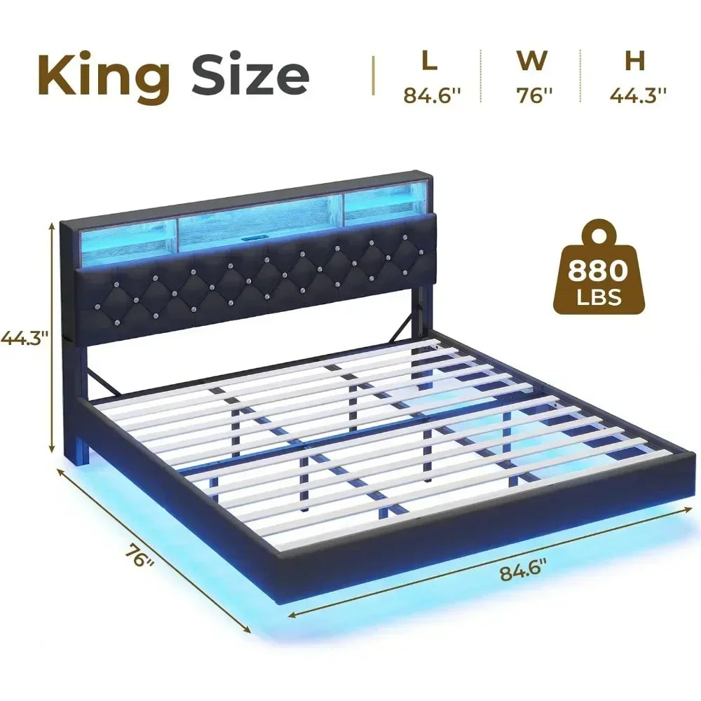 Bed Frame with Charging Station & Hidden Storage Headboard & LED Lights, Crystal Button Tufted Upholstered Bed Frame
