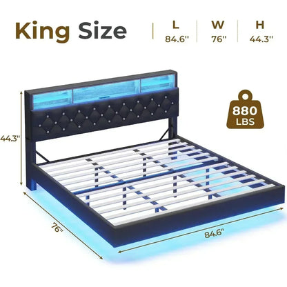 Bed Frame with Charging Station & Hidden Storage Headboard & LED Lights, Crystal Button Tufted Upholstered Bed Frame