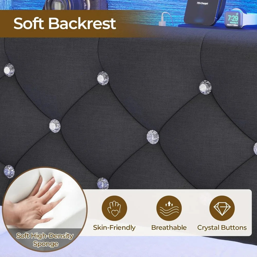 Bed Frame with Charging Station & Hidden Storage Headboard & LED Lights, Crystal Button Tufted Upholstered Bed Frame