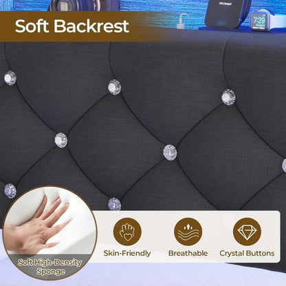 Bed Frame with Charging Station & Hidden Storage Headboard & LED Lights, Crystal Button Tufted Upholstered Bed Frame
