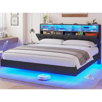 Bed Frame with Charging Station & Hidden Storage Headboard & LED Lights, Crystal Button Tufted Upholstered Bed Frame