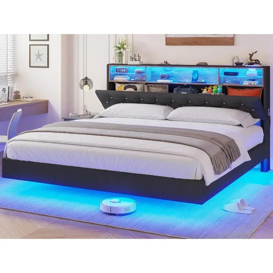 Bed Frame with Charging Station & Hidden Storage Headboard & LED Lights, Crystal Button Tufted Upholstered Bed Frame